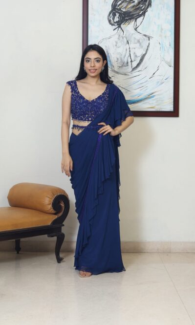 Pre Stitched Saree In Blue Colour